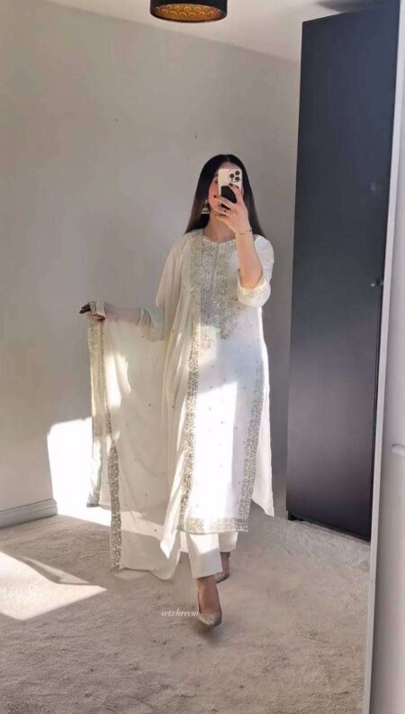 Women's Georgette Embroidery Sequence Work with Rivet Moti Work Straight Kurti With Pant and Dupatta Set