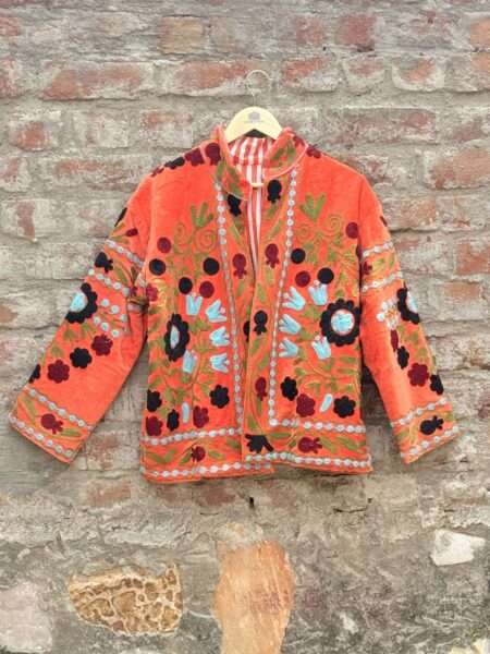 Womens Orange Velvet Embroidered Jacket with Floral Design