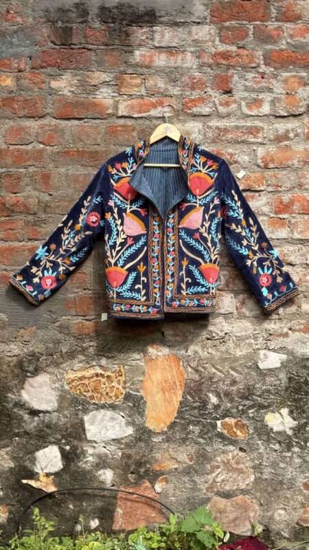 Womens Navy Blue Velvet Embroidered Jacket with Floral Design