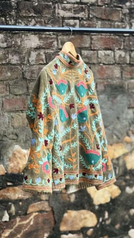 Womens Olive Green Velvet Embroidered Jacket with Floral Design