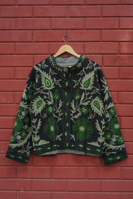 Womens Black Velvet Embroidered Jacket with Floral Design